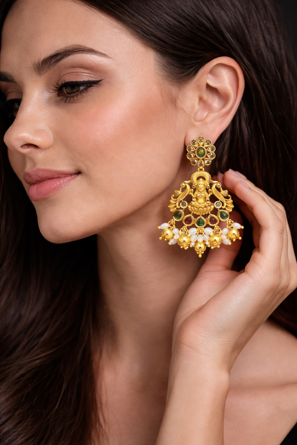 Antique Gold Lakshmi Temple Earrings with Pearl Drops