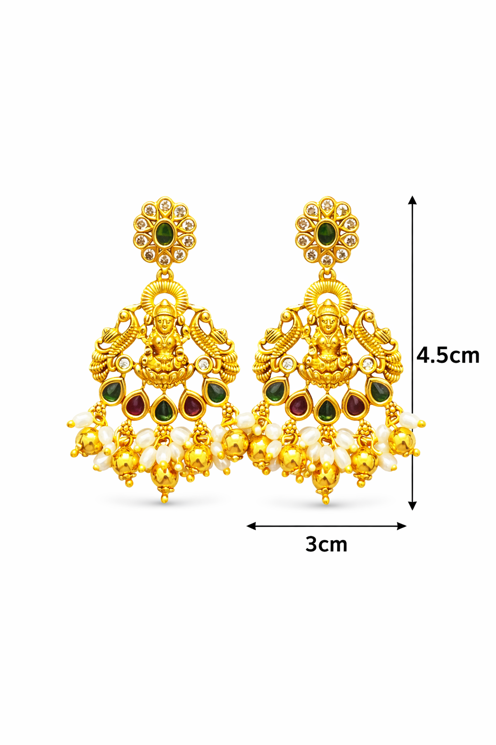 Antique Gold Lakshmi Temple Earrings with Pearl Drops