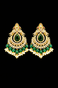 Antique Gold Chandbali Earrings with Green Stone & Pearl Drops