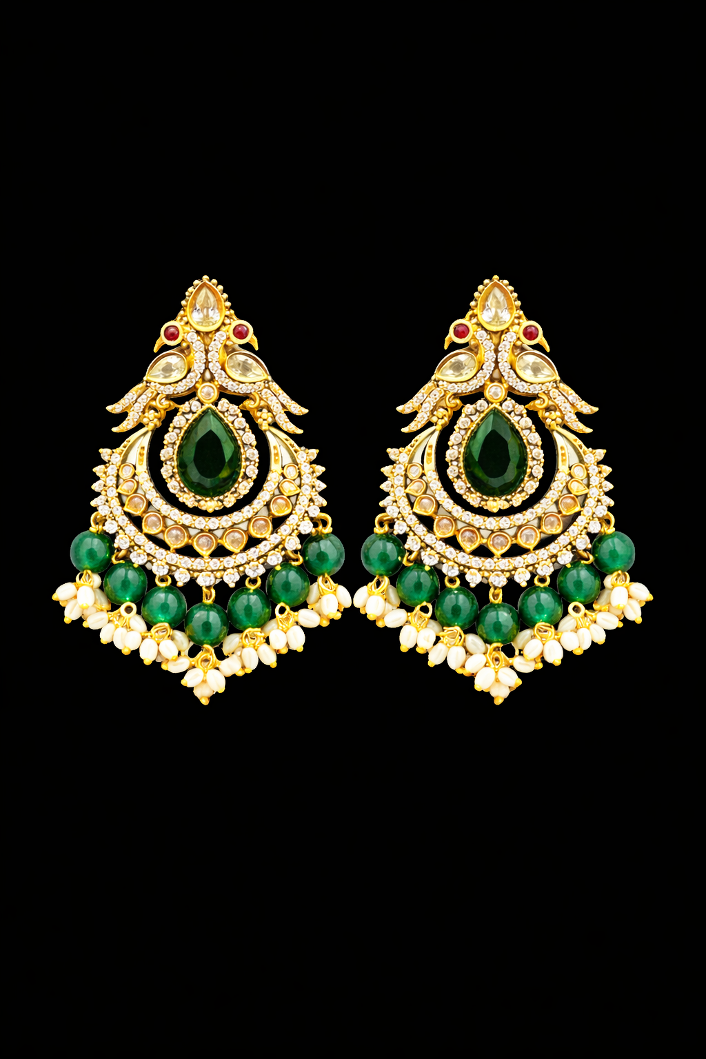 Antique Gold Chandbali Earrings with Green Stone & Pearl Drops