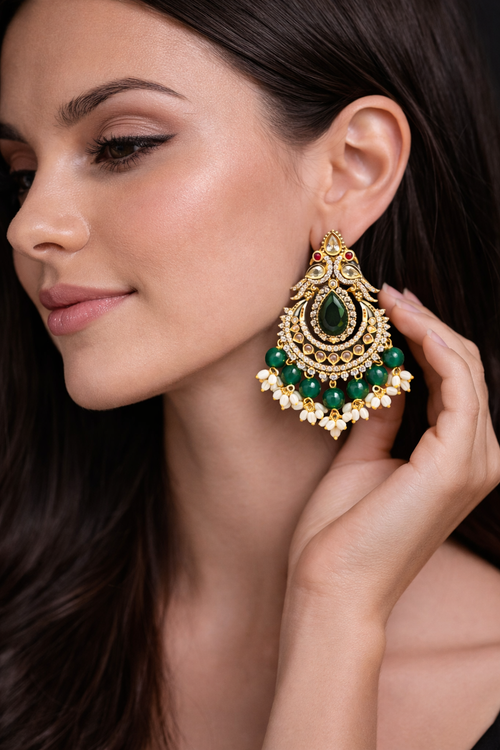 Antique Gold Chandbali Earrings with Green Stone & Pearl Drops