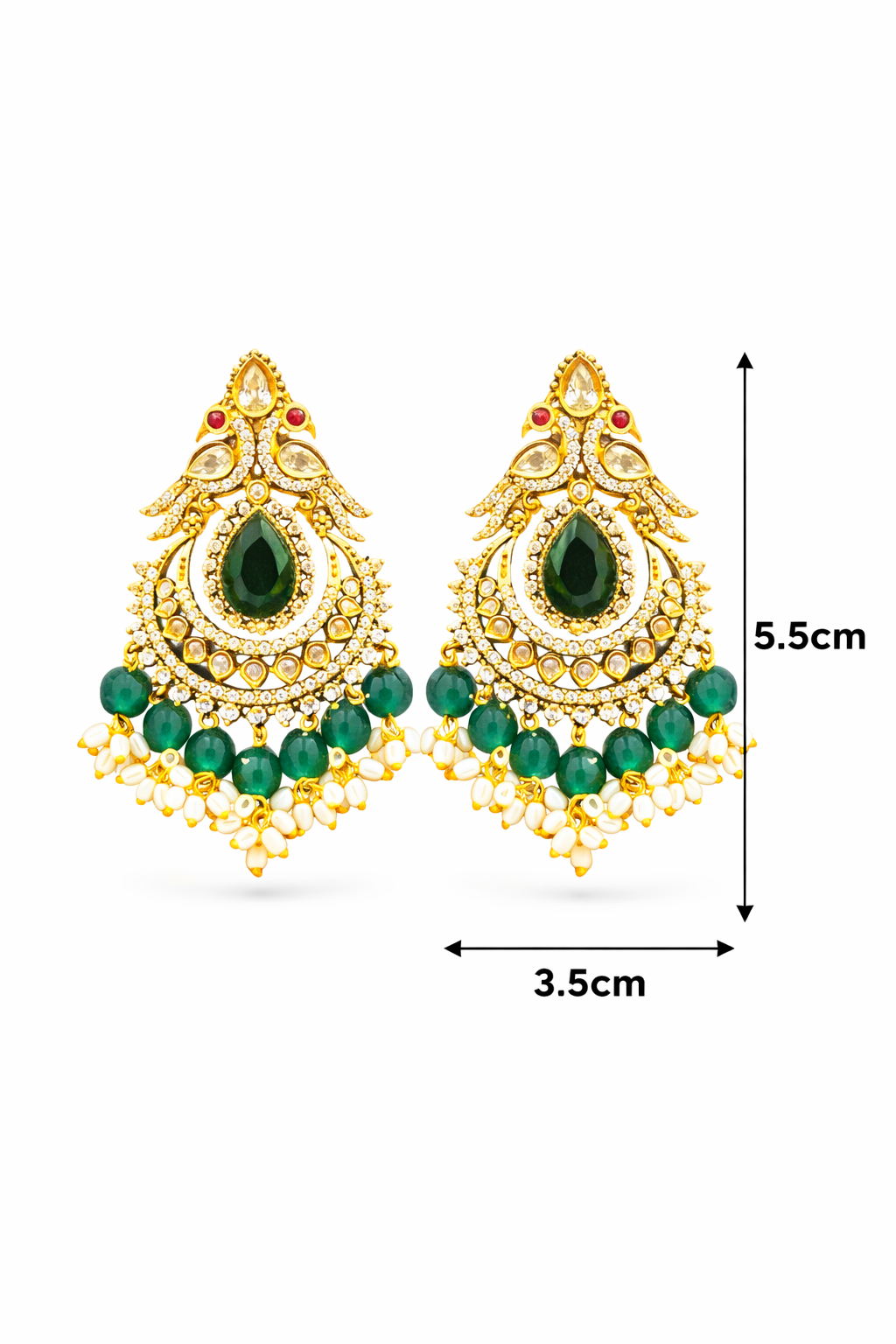 Antique Gold Chandbali Earrings with Green Stone & Pearl Drops
