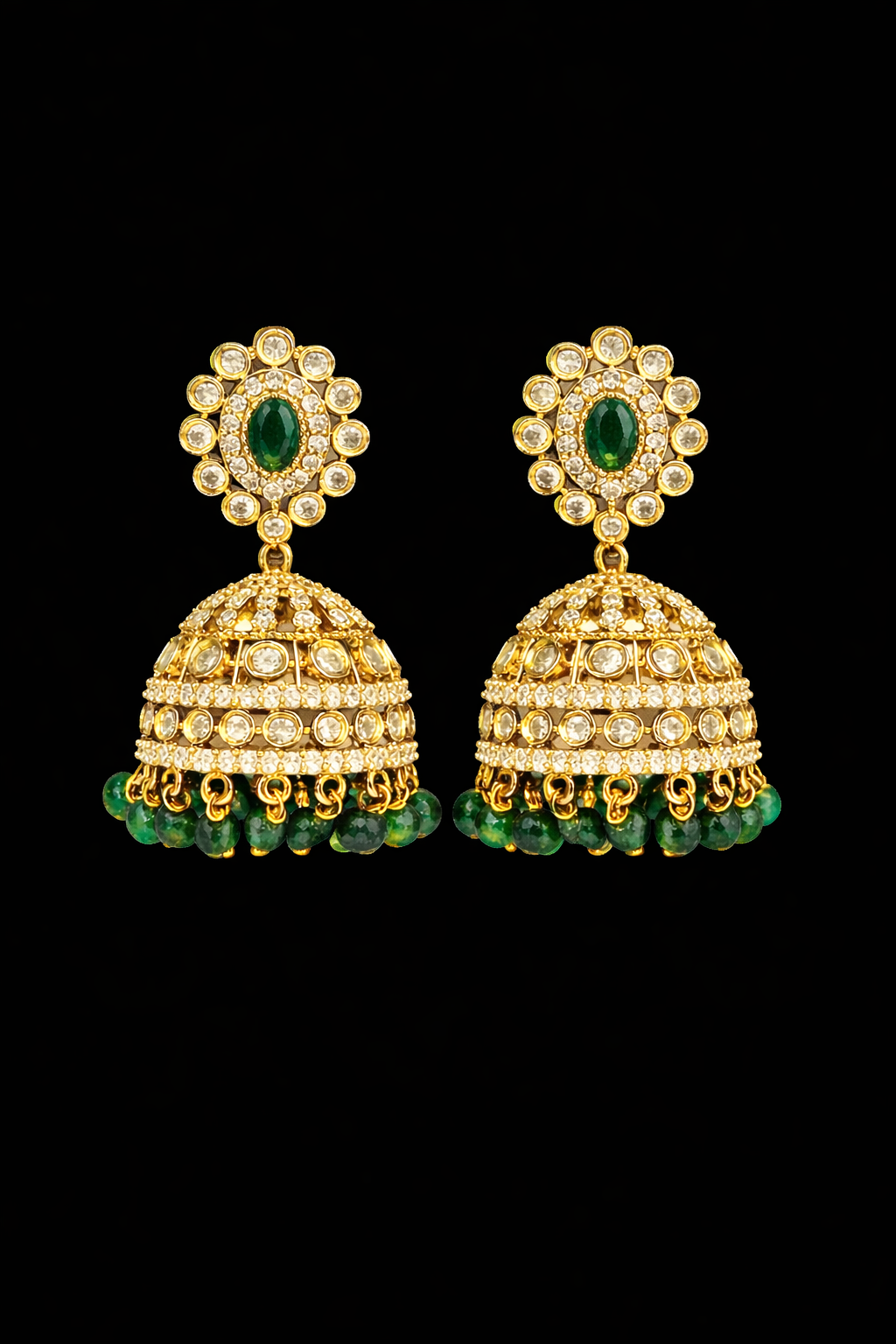 Gold Plated Green Stone Jhumka Earrings with Pearl & Bead Drops
