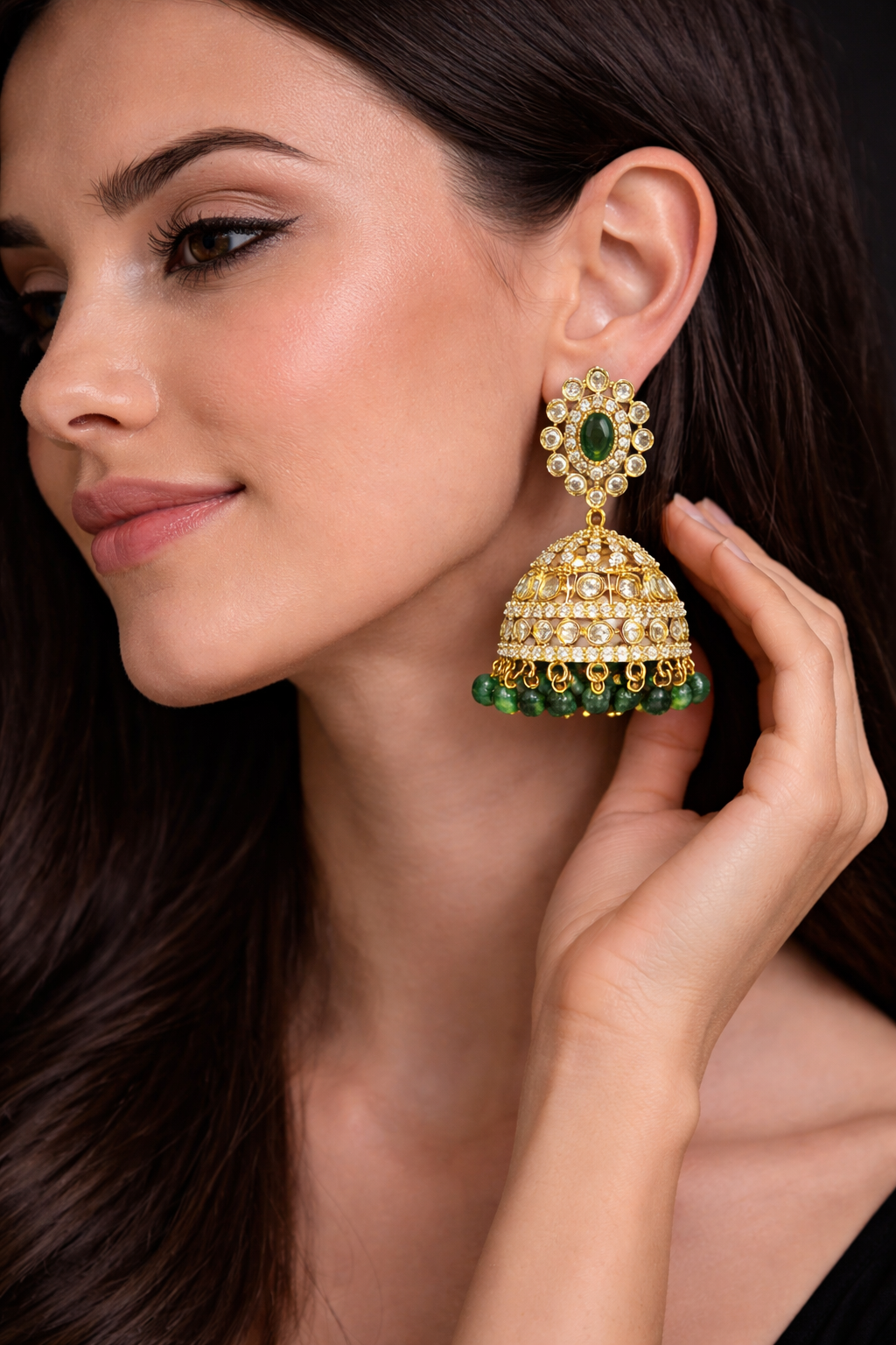 Gold Plated Green Stone Jhumka Earrings with Pearl & Bead Drops