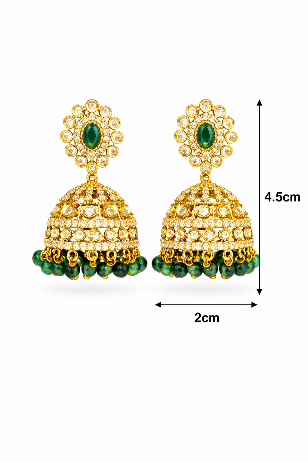 Gold Plated Green Stone Jhumka Earrings with Pearl & Bead Drops