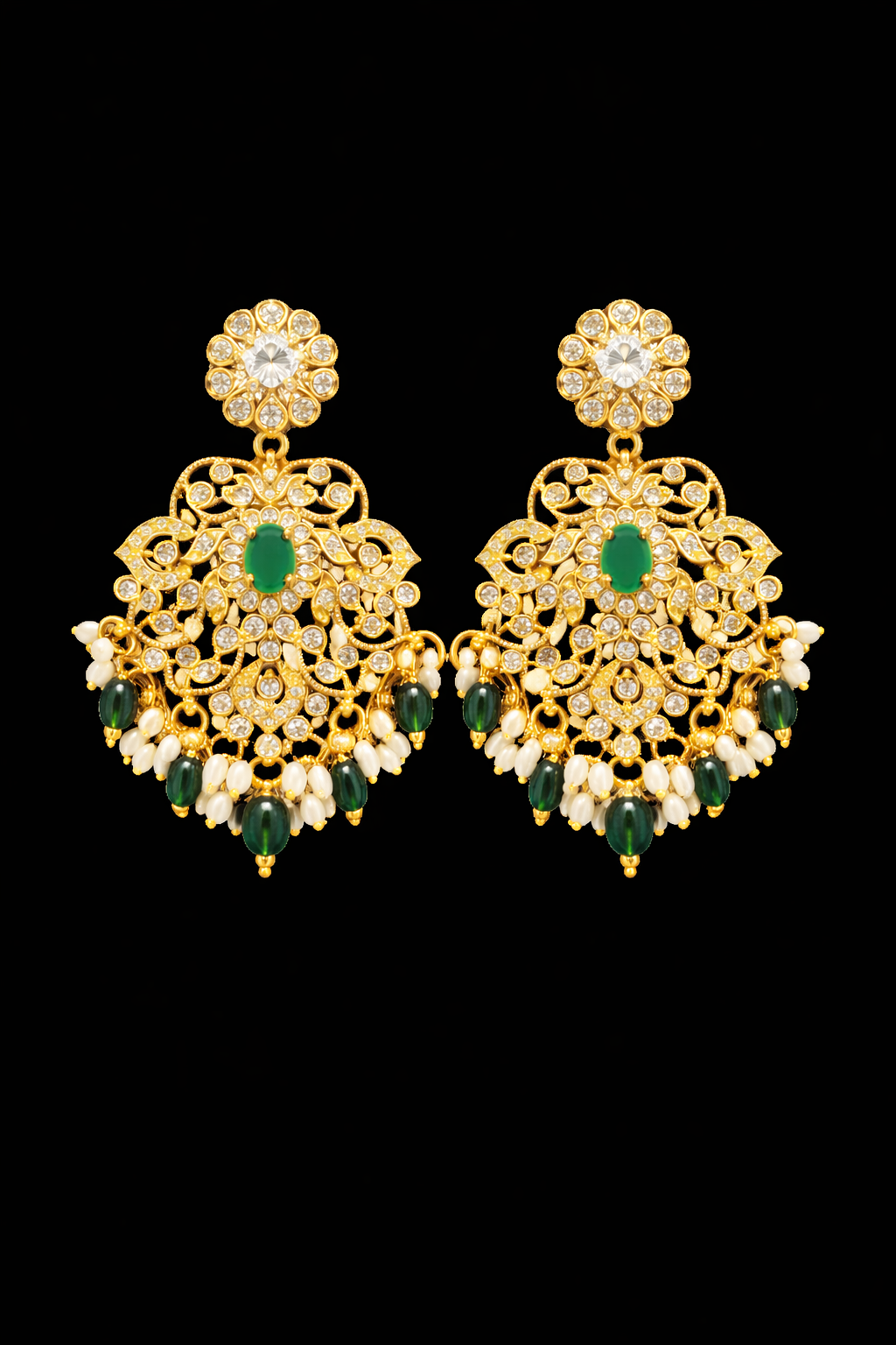 Gold Plated Filigree Chandbali Earrings with Green Stone & Pearl Drops