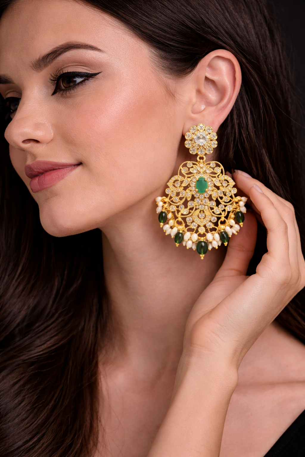 Gold Plated Filigree Chandbali Earrings with Green Stone & Pearl Drops