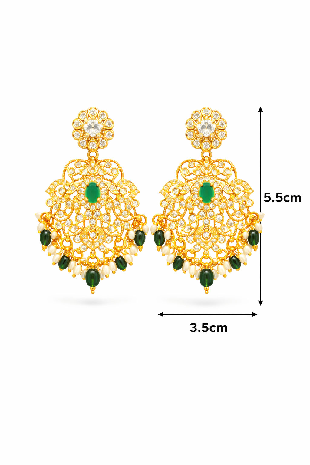 Gold Plated Filigree Chandbali Earrings with Green Stone & Pearl Drops