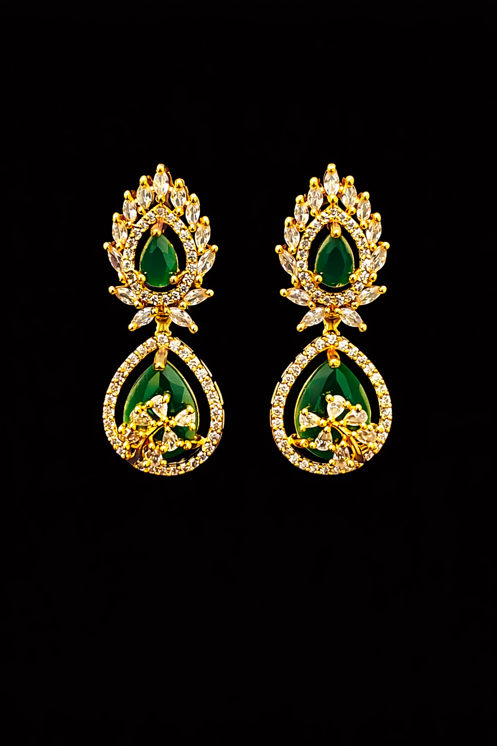 Gold Plated Green Stone Drop Earrings with Crystal Halo