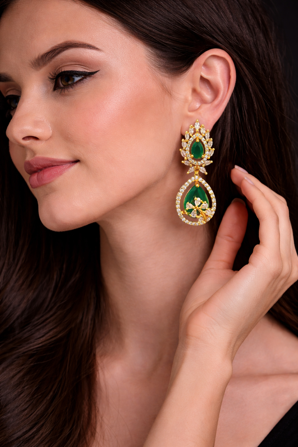Gold Plated Green Stone Drop Earrings with Crystal Halo