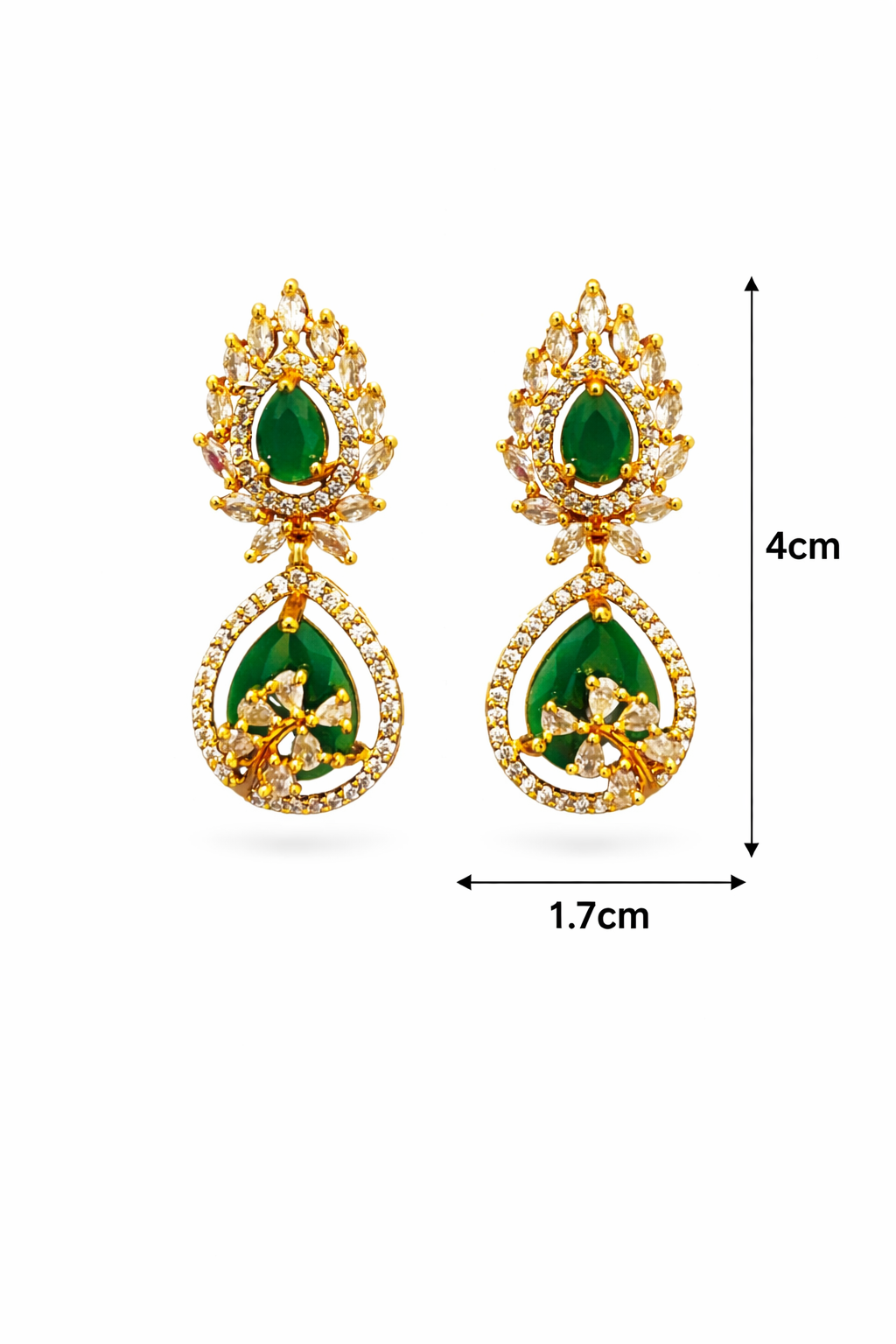Gold Plated Green Stone Drop Earrings with Crystal Halo
