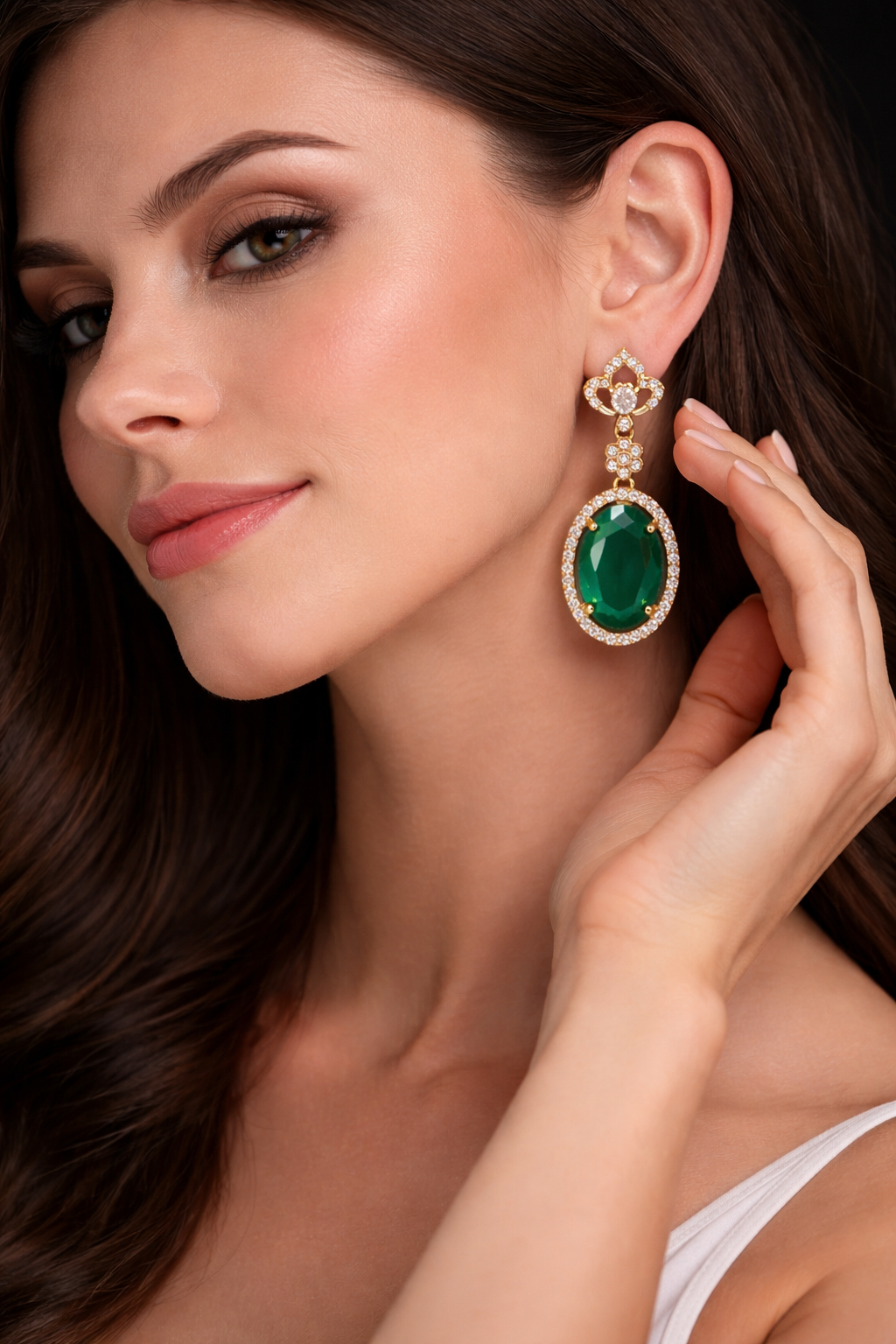 Elegant Party Wear Jewellery | Gold Plated Oval Green Stone Drop Earrings for Women