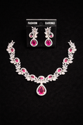 Elegant Ruby Drop Necklace Set with Leaf Design & Diamond Finish Earrings