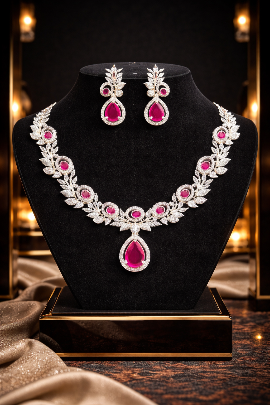 Elegant Ruby Drop Necklace Set with Leaf Design & Diamond Finish Earrings