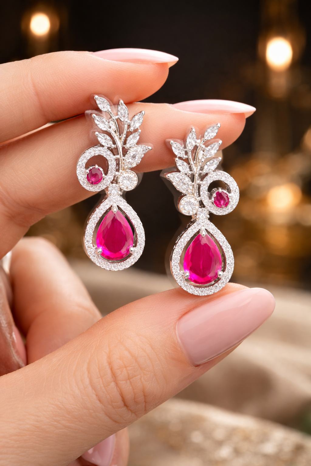 Elegant Ruby Drop Necklace Set with Leaf Design & Diamond Finish Earrings