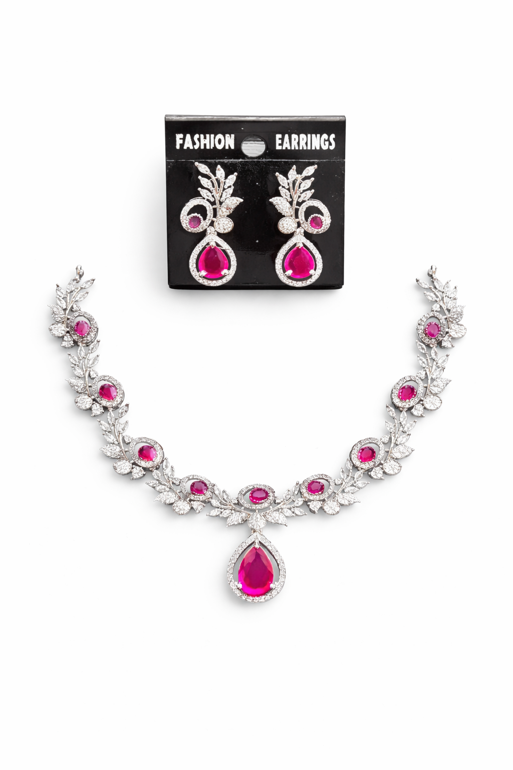 Elegant Ruby Drop Necklace Set with Leaf Design & Diamond Finish Earrings