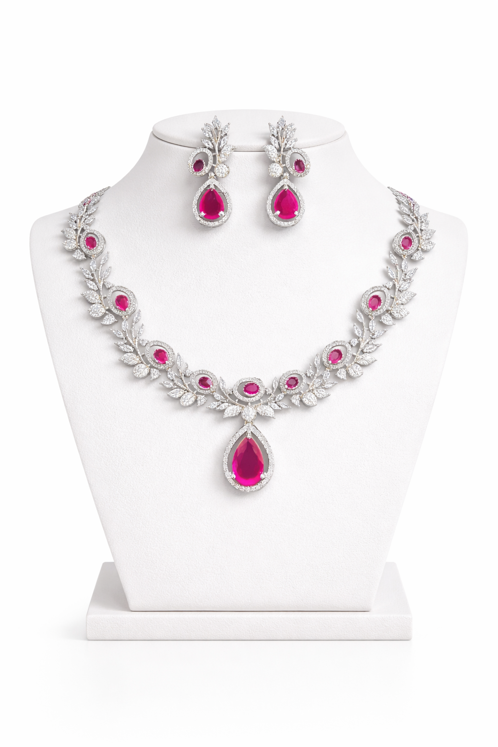 Elegant Ruby Drop Necklace Set with Leaf Design & Diamond Finish Earrings